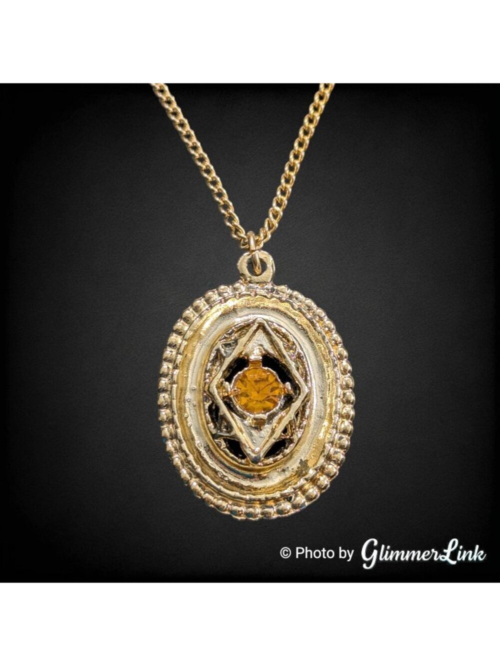 Vintage Gold Tone Geometric Pendant Necklace Orange Rhinestone
